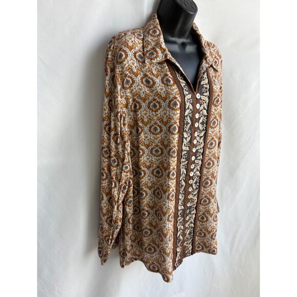 Soft Surroundings Top Button Up Boho Embellished Paisley Size XL Brown Bohemian - Picture 3 of 8